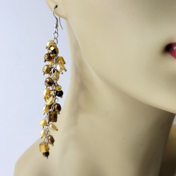 Gold and Beige Pearls and Bead Earrings Light Gold Brown Earrings - Picture 2 of 7